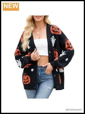 Women's Halloween Cardigan V-Neck Button Down Pumpkin Ghost Sweater